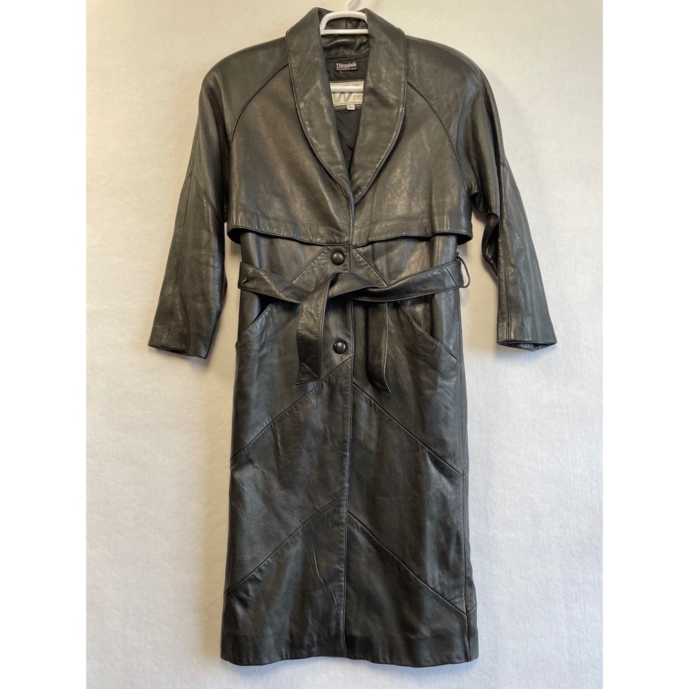 Vtg 90s Wilsons Leather Thinsulate Trench Coat Black PXS Petite XS Belted